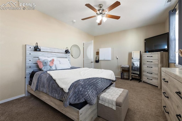 bedroom with baseboards, dark carpet, and ceiling fan