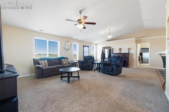 living area featuring lofted ceiling, light colored carpet, visible vents, and baseboards