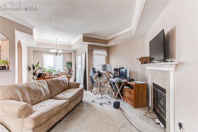 carpeted living room with a fireplace, a tray ceiling, and a wealth of natural light