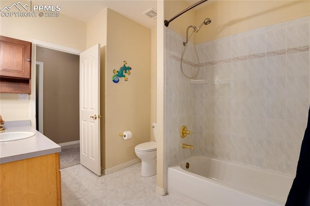 full bath featuring visible vents, toilet, vanity,  shower combination, and baseboards