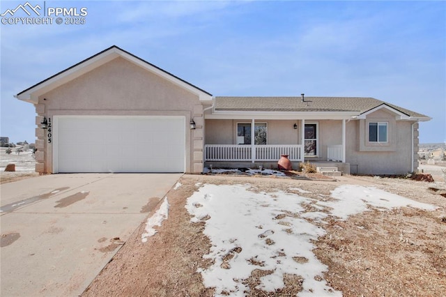 ranch-style house with driveway, a porch, an attached garage, and stucco siding