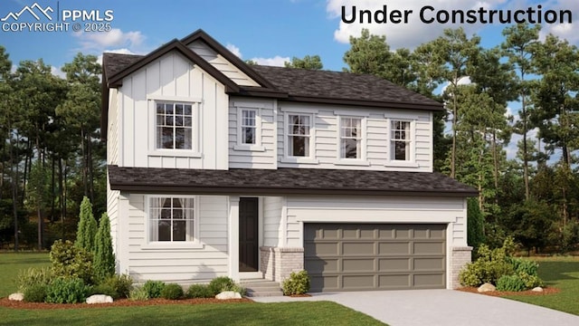 view of front of home with brick siding, board and batten siding, a front lawn, driveway, and an attached garage