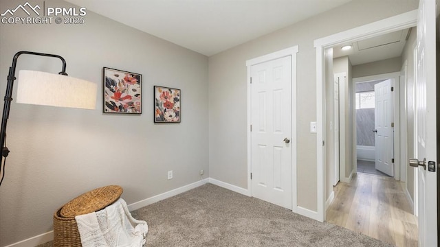 interior space featuring carpet flooring and baseboards