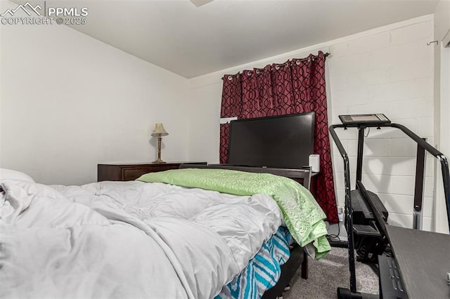 bedroom featuring carpet floors and concrete block wall