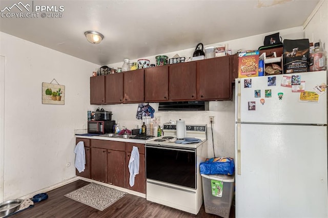 kitchen with white appliances, under cabinet range hood, light countertops, and dark wood-type flooring