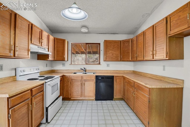 kitchen featuring dishwasher, light countertops, white electric range oven, and under cabinet range hood