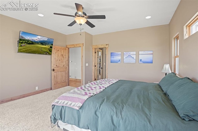 bedroom featuring carpet floors, recessed lighting, ceiling fan, and baseboards