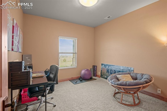 office area featuring carpet, visible vents, and baseboards