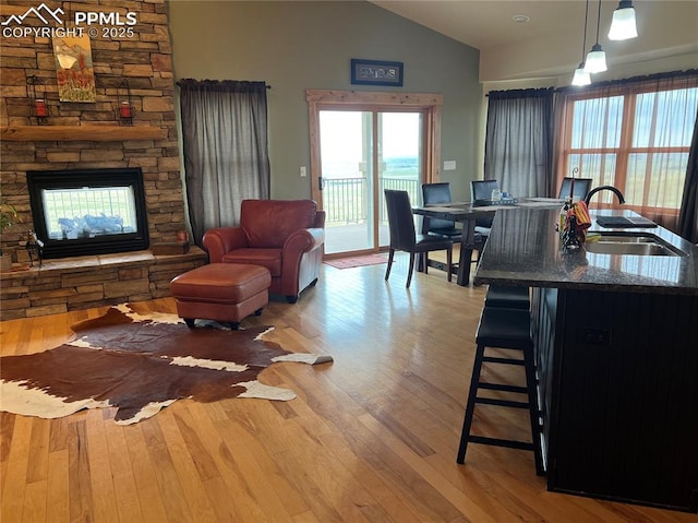 living room with vaulted ceiling, a stone fireplace, and hardwood / wood-style floors