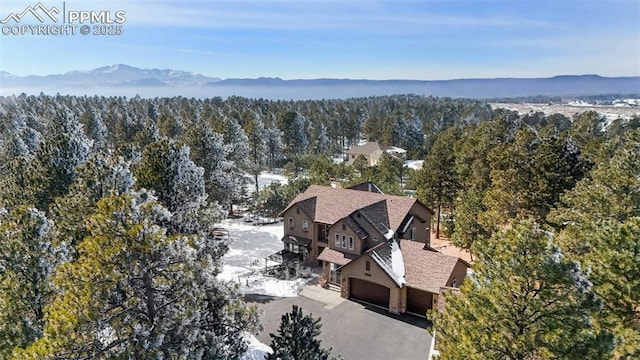 bird's eye view featuring a mountain view and a view of trees