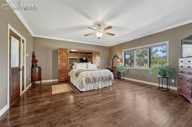 bedroom with baseboards, wood finished floors, a ceiling fan, and crown molding