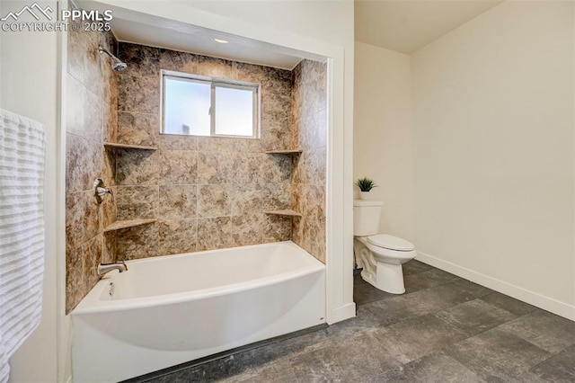 bathroom featuring toilet, washtub / shower combination, and baseboards