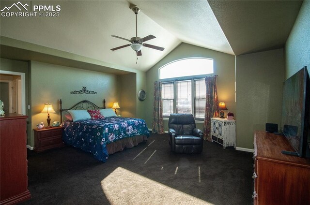 bedroom with a ceiling fan, vaulted ceiling, dark carpet, and baseboards