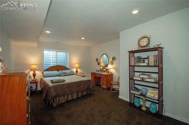 bedroom featuring baseboards, dark colored carpet, and recessed lighting