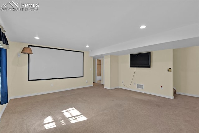 carpeted home theater featuring recessed lighting, visible vents, and baseboards