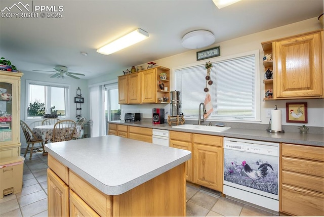 kitchen featuring a center island, light tile patterned floors, open shelves, a sink, and dishwasher