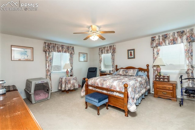 bedroom with ceiling fan, multiple windows, and carpet flooring