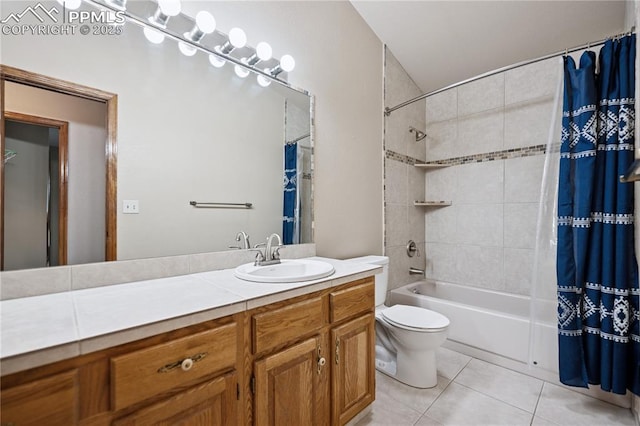 full bath featuring shower / bath combo, vanity, toilet, and tile patterned floors