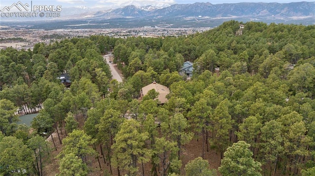 drone / aerial view with a mountain view and a view of trees