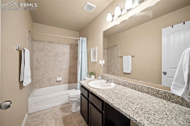 bathroom featuring visible vents, shower / bathtub combination with curtain, toilet, tile patterned flooring, and vanity