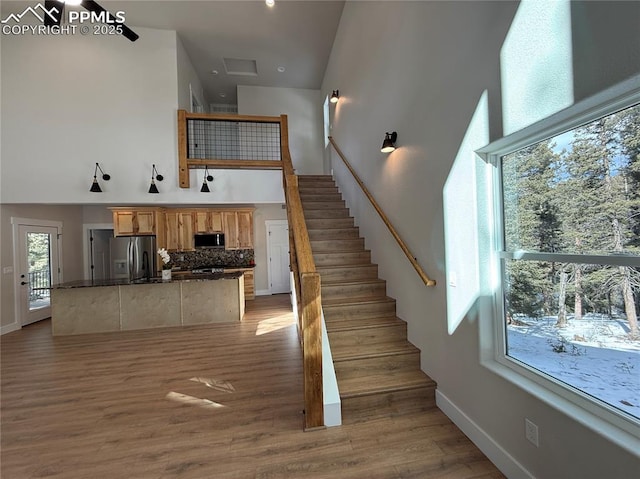 staircase featuring a towering ceiling, baseboards, and wood finished floors