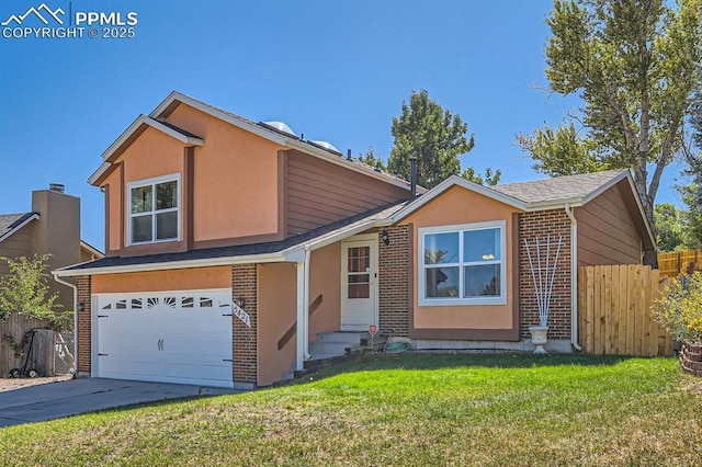 view of front of property with entry steps, brick siding, fence, and a garage