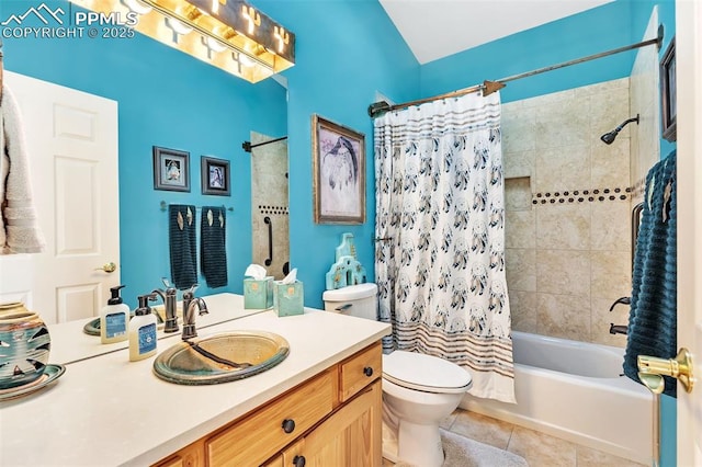 bathroom featuring toilet, tile patterned flooring, shower / bath combo with shower curtain, and vanity