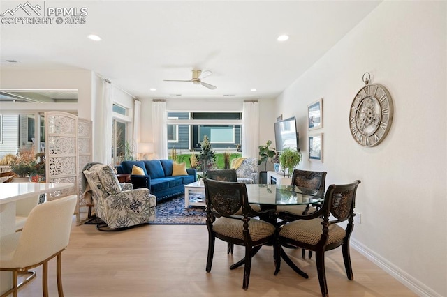 dining room featuring ceiling fan, recessed lighting, light wood-type flooring, and baseboards