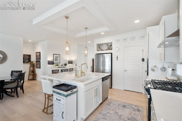 kitchen with a kitchen island with sink, white cabinetry, light countertops, and a sink