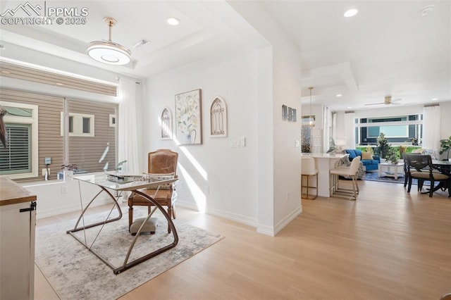 office area with baseboards, recessed lighting, and light wood-style floors