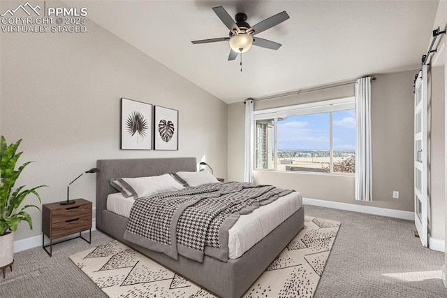 bedroom featuring baseboards, vaulted ceiling, a ceiling fan, and light colored carpet