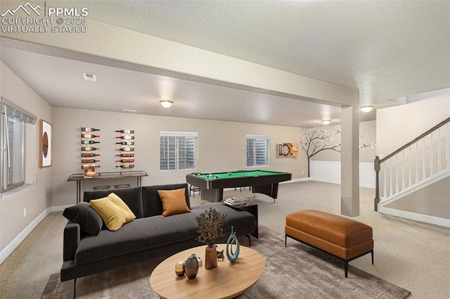 game room featuring carpet floors, baseboards, a textured ceiling, and pool table