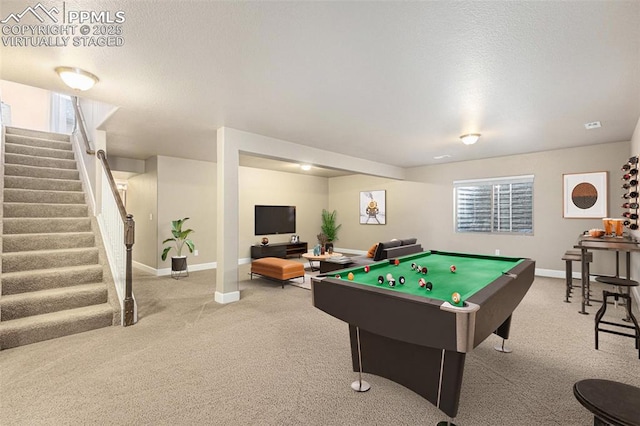 playroom with carpet flooring, billiards, a textured ceiling, and baseboards