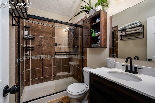 bathroom with a stall shower, a textured ceiling, toilet, and vanity