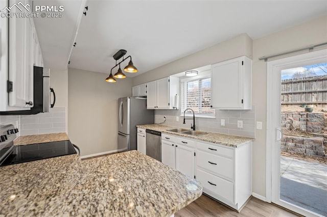 kitchen featuring light stone counters, stainless steel appliances, a sink, white cabinets, and decorative backsplash