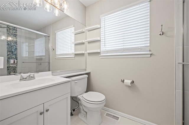 full bathroom with toilet, a shower with shower door, vanity, visible vents, and baseboards