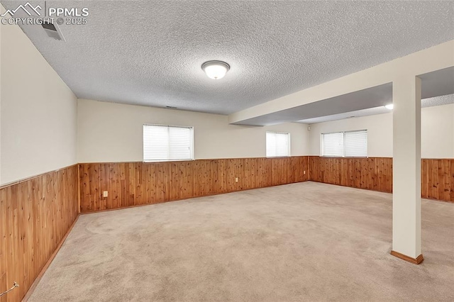 basement with carpet, a healthy amount of sunlight, wainscoting, and wood walls