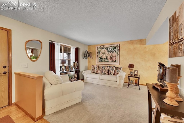 living area with light carpet, a textured ceiling, and baseboards