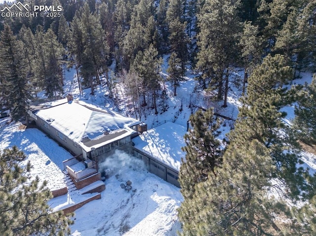 snowy aerial view with a view of trees