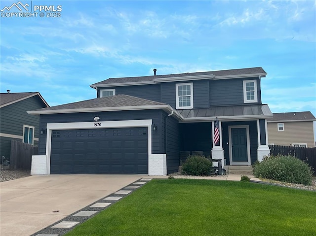 view of front facade featuring a garage, concrete driveway, fence, and a front lawn