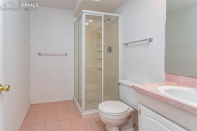 bathroom with toilet, a stall shower, tile patterned flooring, and vanity