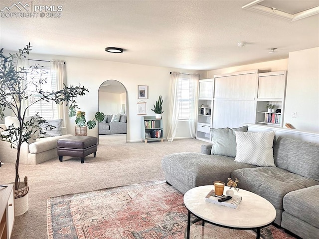 living room featuring baseboards, carpet, arched walkways, and a textured ceiling