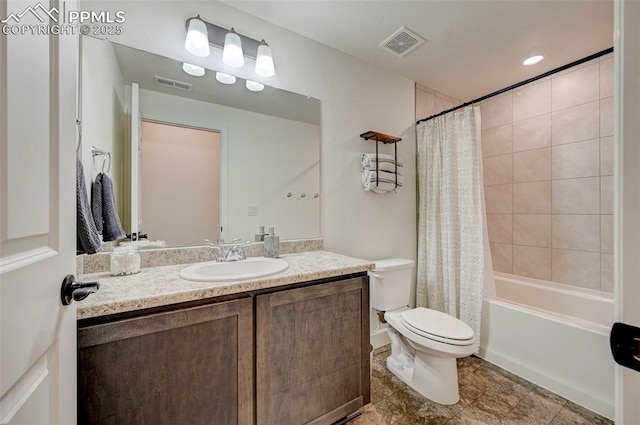 bathroom featuring toilet, shower / bath combo, vanity, and visible vents