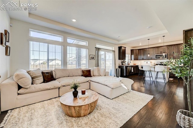 living area featuring dark wood-style flooring, a raised ceiling, and recessed lighting