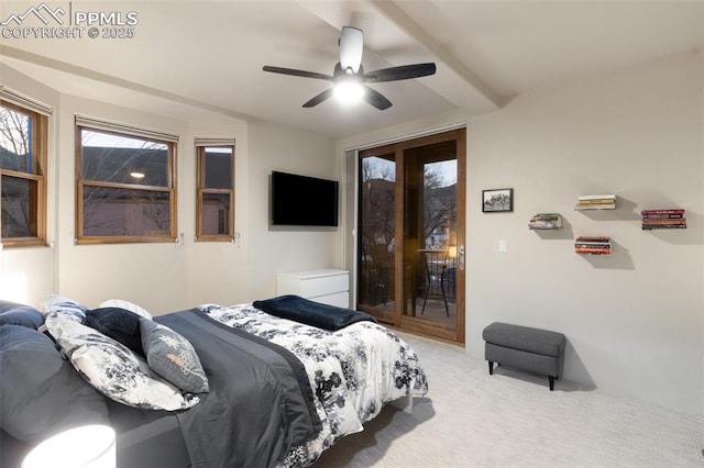 bedroom with light carpet, access to exterior, and ceiling fan