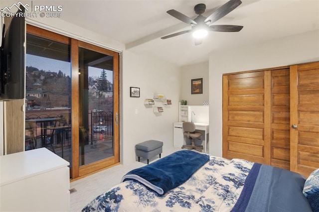 bedroom featuring ceiling fan, light colored carpet, and access to exterior