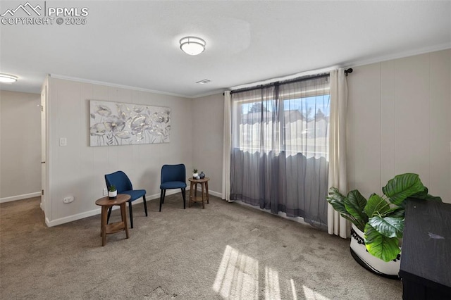 living area featuring light colored carpet, crown molding, visible vents, and baseboards