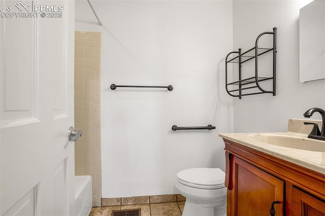 bathroom featuring visible vents, toilet, tile patterned floors, tub / shower combination, and vanity