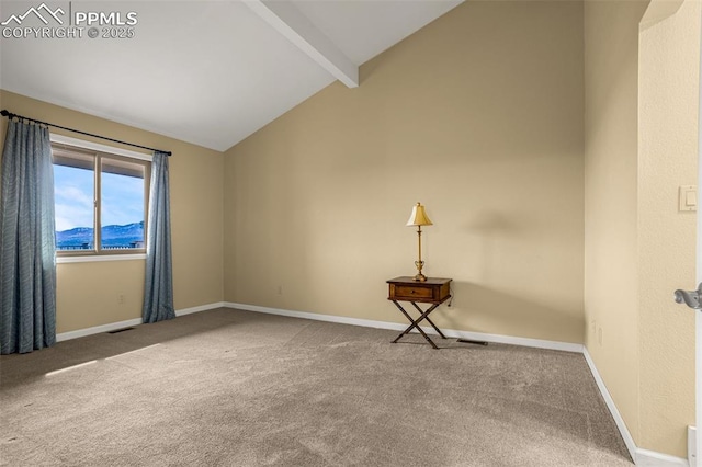 empty room featuring baseboards, carpet, visible vents, and beam ceiling