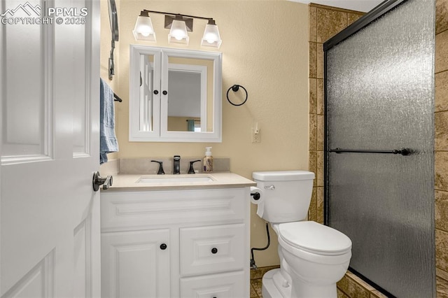 bathroom featuring a stall shower, vanity, and toilet